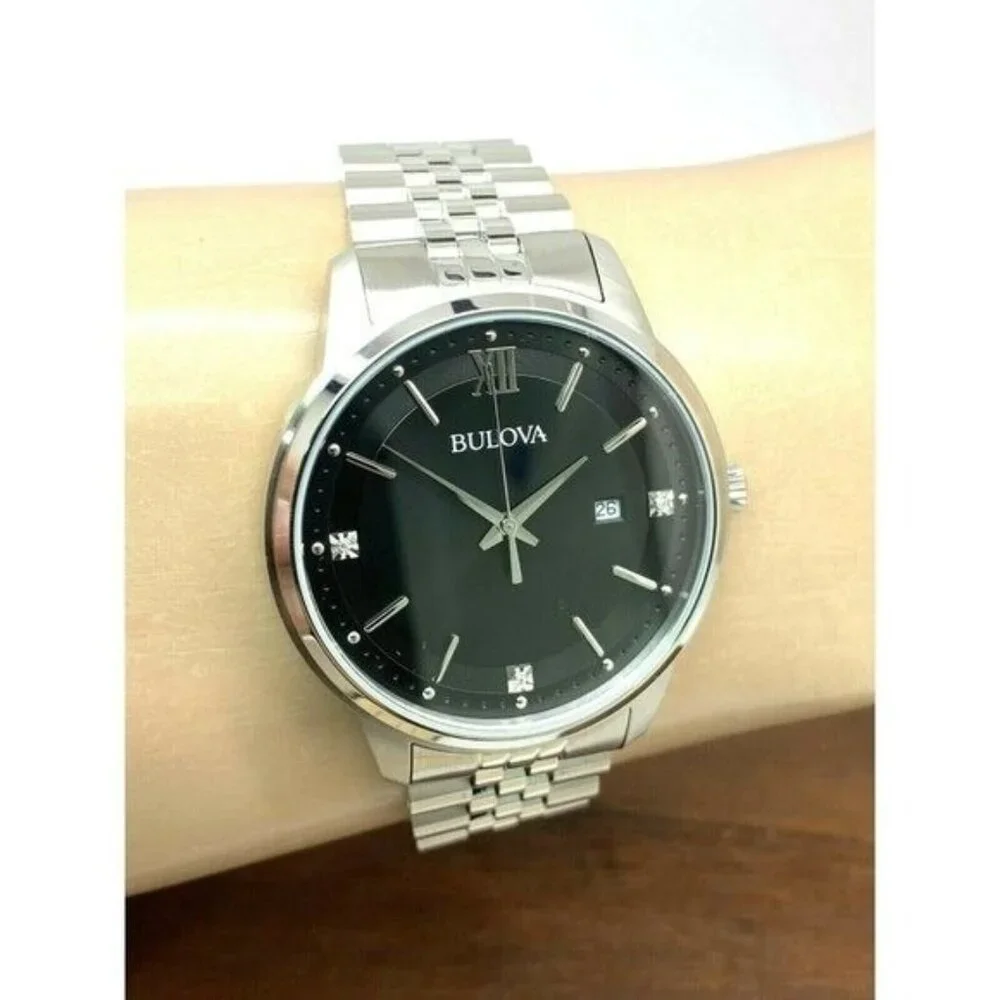 Bulova Men's Watch 96D151 Quartz Diamond Accent Black Dial Stainless Steel 41mm
